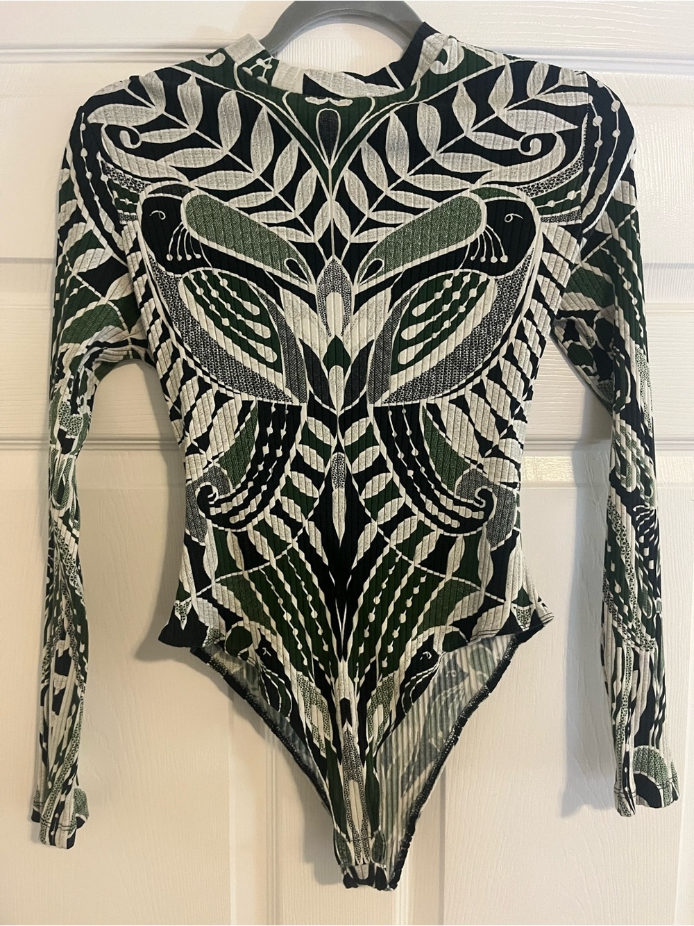 FARM Rio Green, Black & White Long-Sleeve Graphic Bodysuit